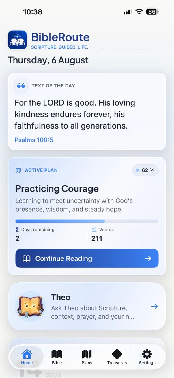 BibleRoute home screen with a daily verse, active plan, and Theo