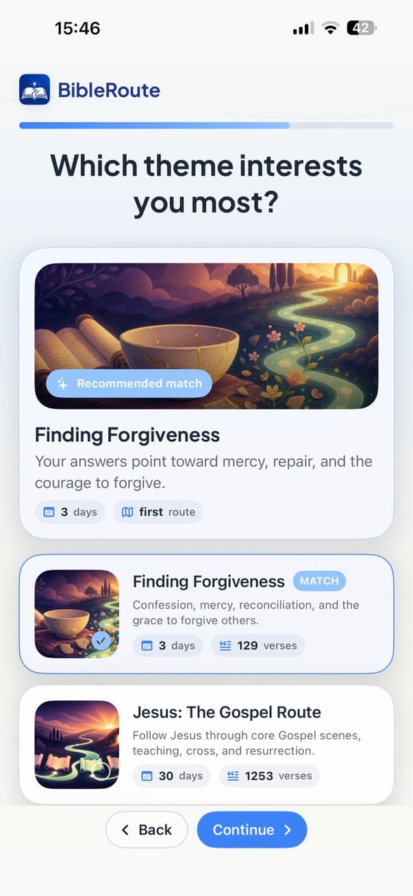 BibleRoute recommending a personalized Finding Forgiveness route