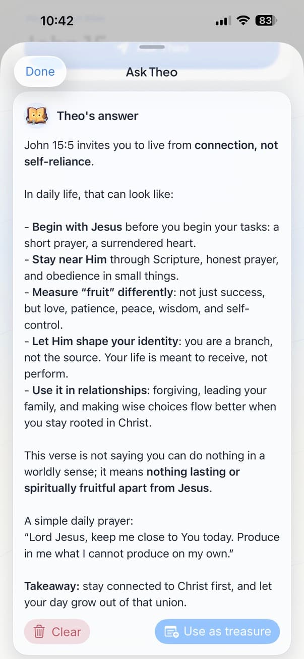Theo explaining John 15 with practical guidance and a short prayer