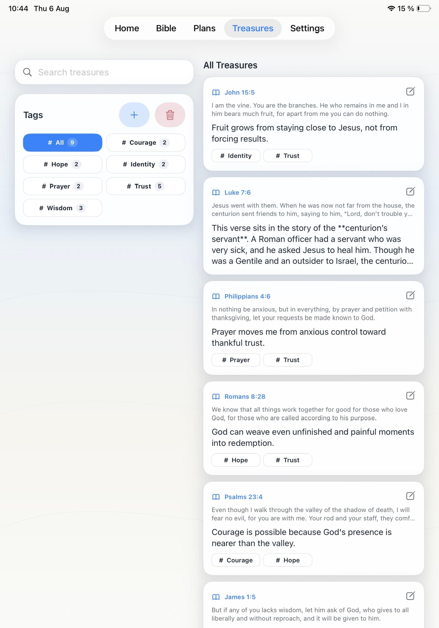 BibleRoute Treasures library on iPad with search, tags, verses, and saved reflections